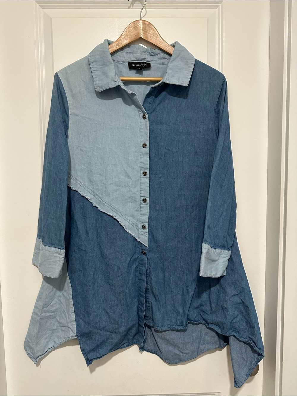 Charlie Paige Women’s Two-Tone Light and Dark Blue Denim Button-Up Tunic